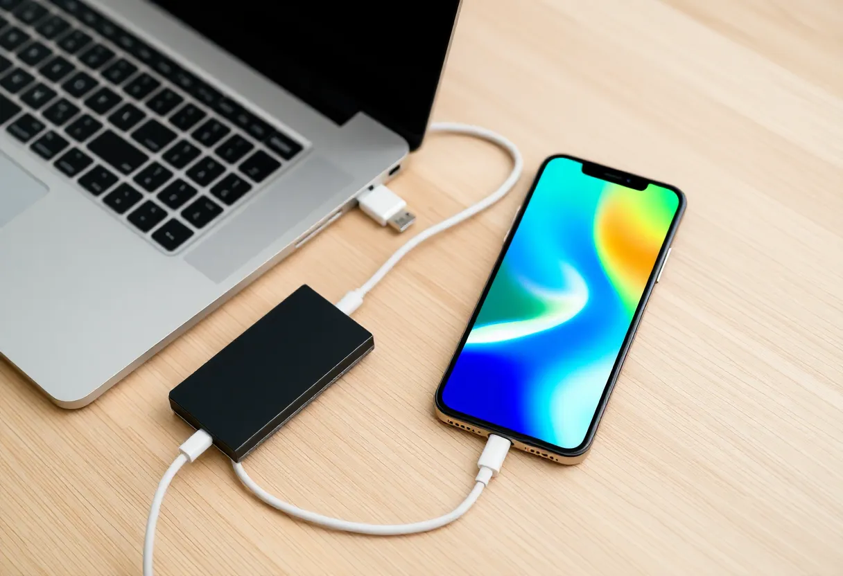 Laptop and phone connected with USB-C cable