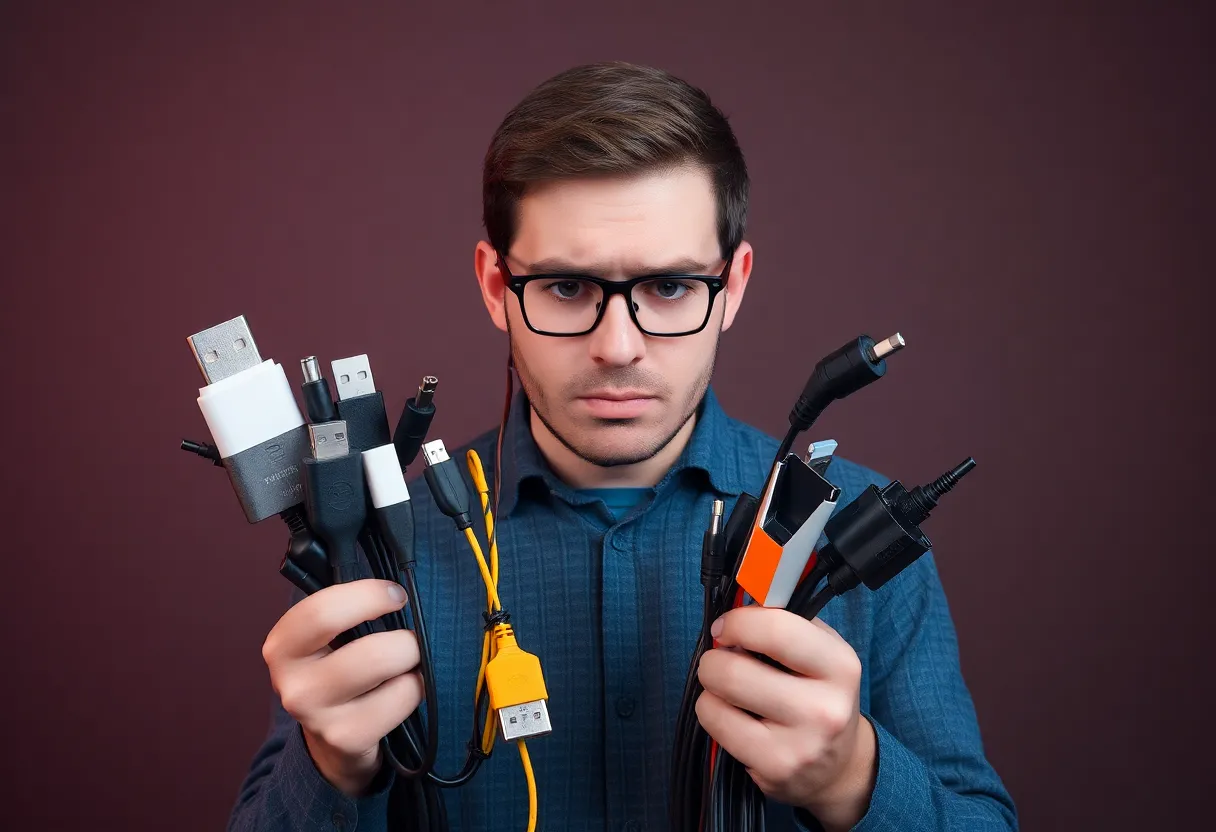 Person holding multiple cables and adapters, consumer confusion