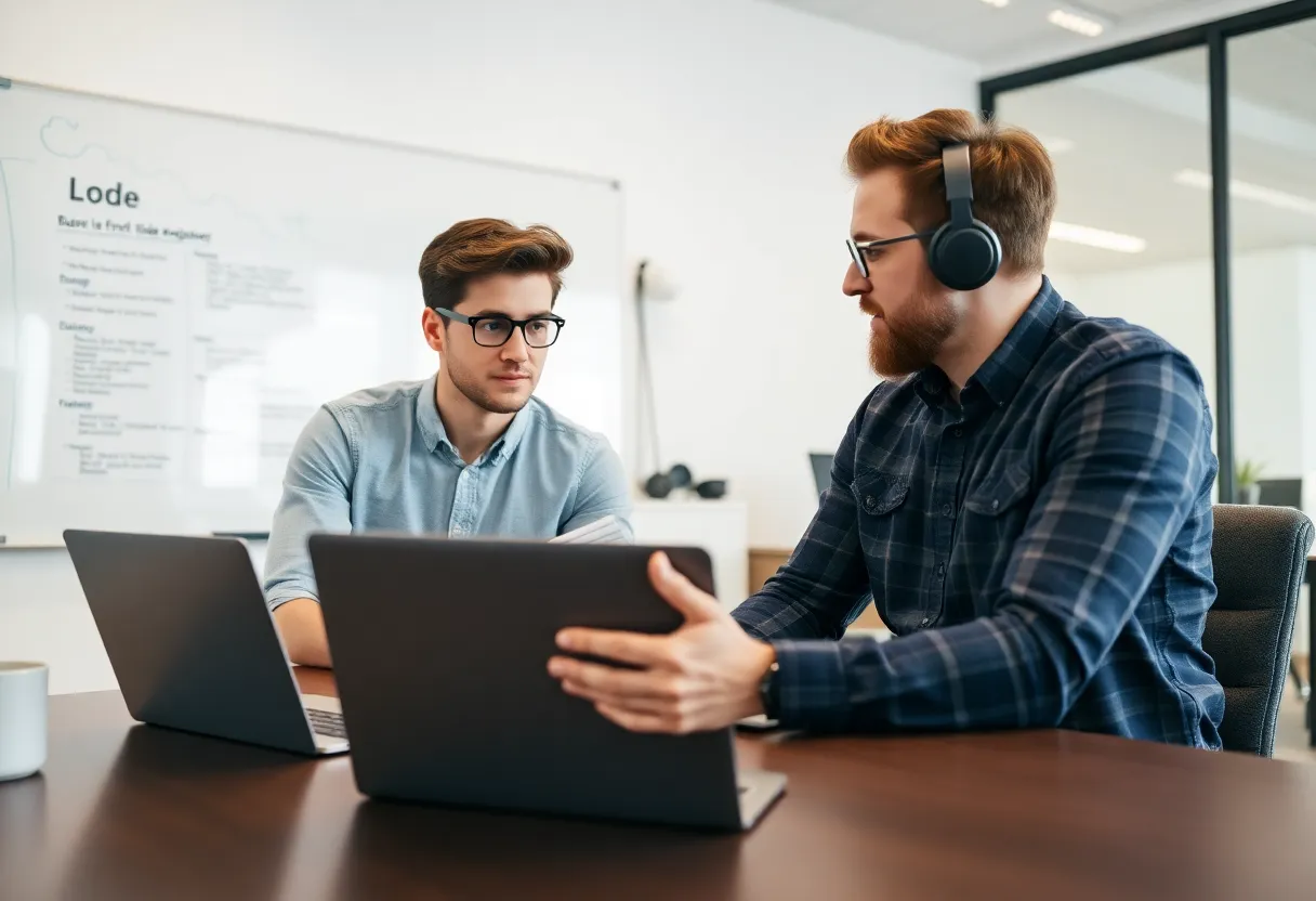 Junior developer in a code review meeting with a senior engineer
