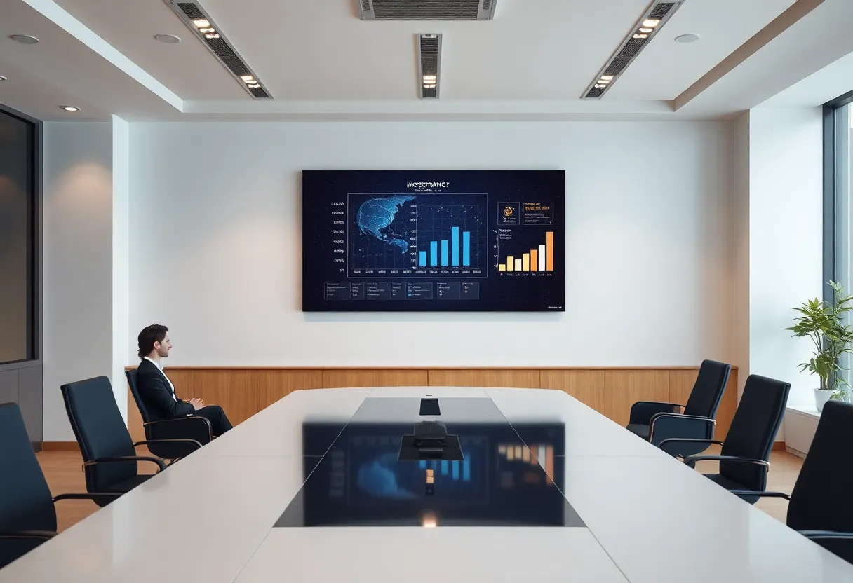 Boardroom presentation with space industry investment charts