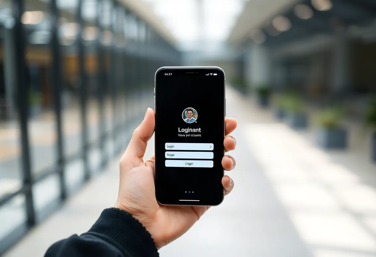 Person with smartphone showing login and profile, digital identity