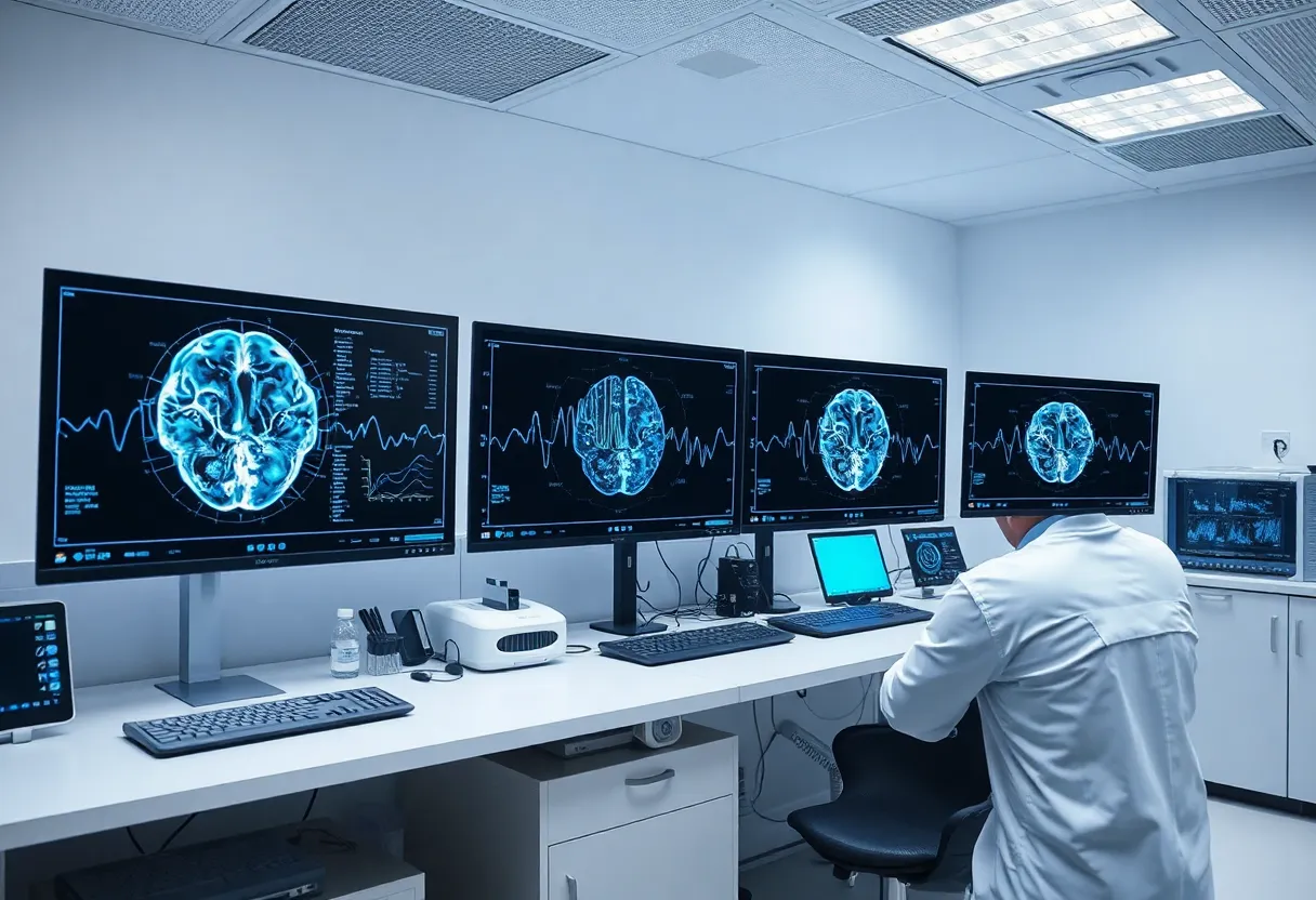 Neuroscience research lab with neural signal visualization