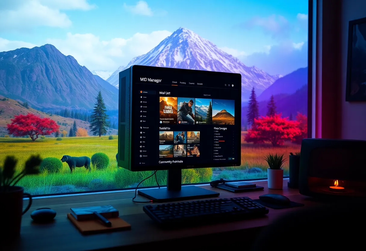 Gaming PC with mod manager and community mods on screen