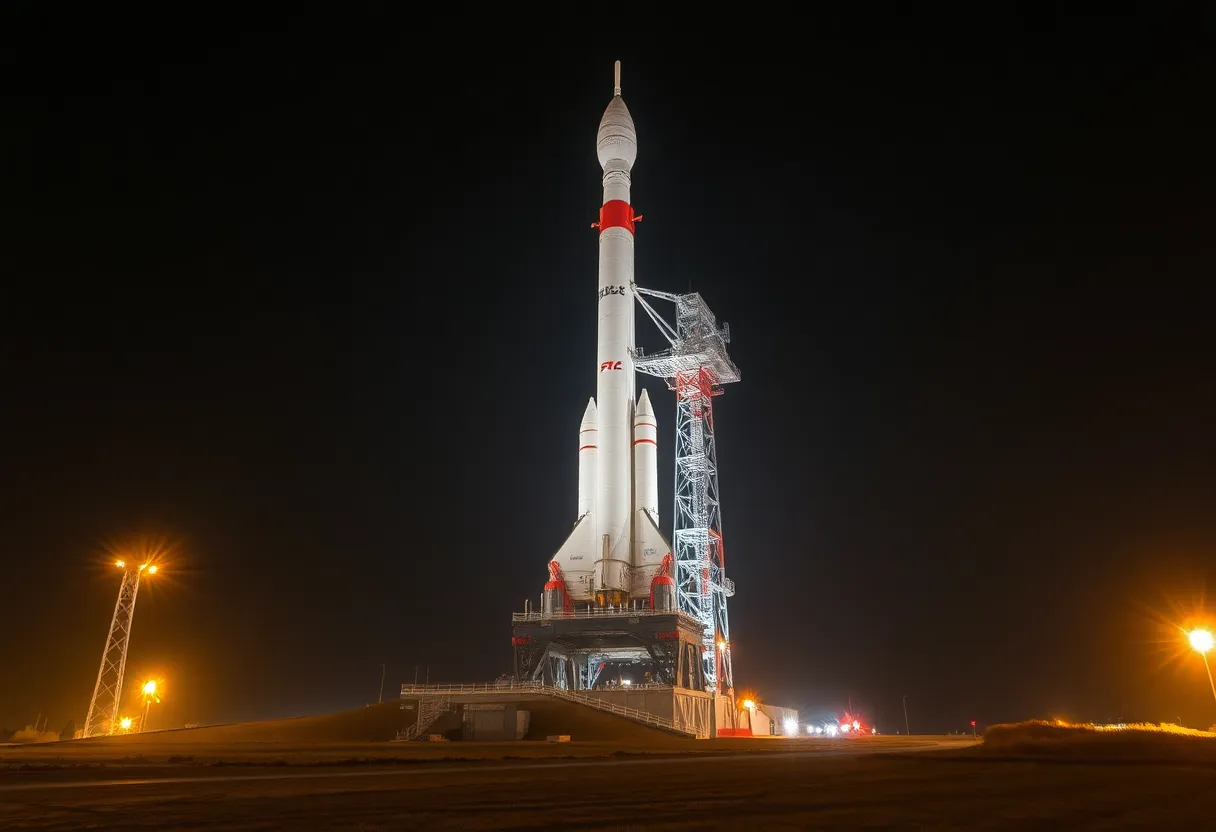 Heavy-lift lunar rocket on launch pad at night