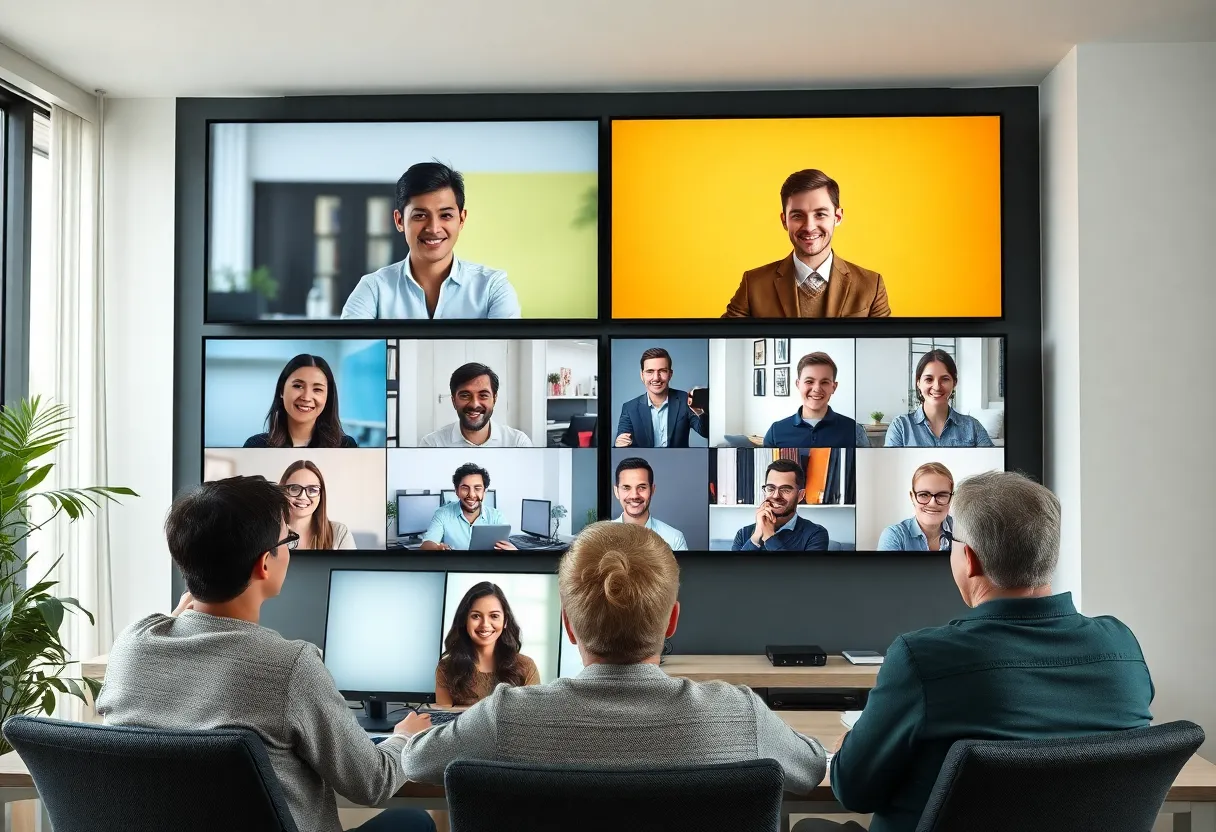 People on video call, mixed remote and in-person