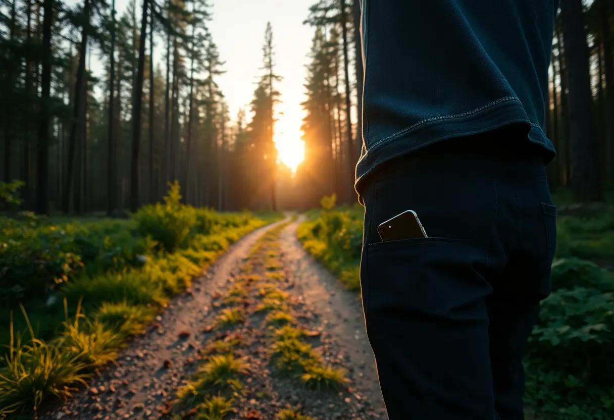 Person walking in nature, phone in pocket, golden hour