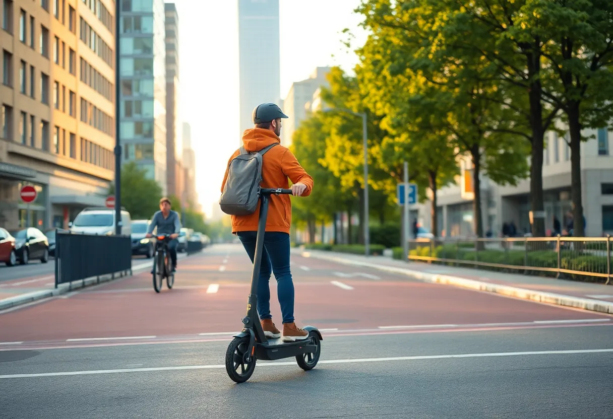 Commuter on e-scooter in bike lane, urban morning