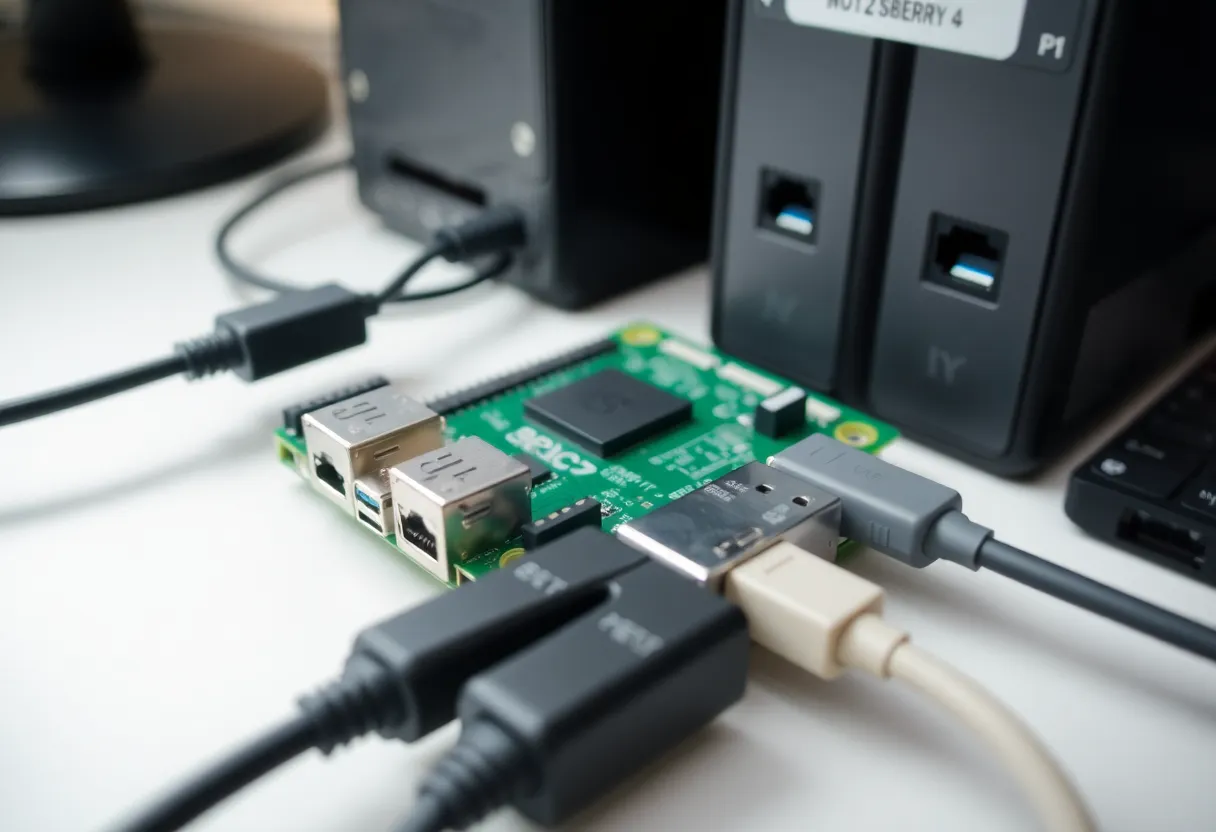 Raspberry Pi 4 connected to USB hard drives and ethernet for a home NAS setup