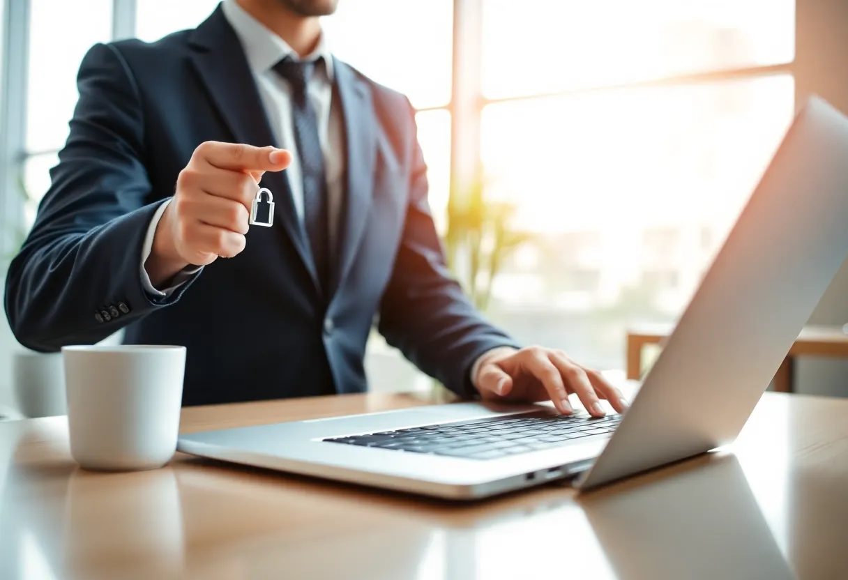 Professional using passkey or biometric login on laptop in modern office