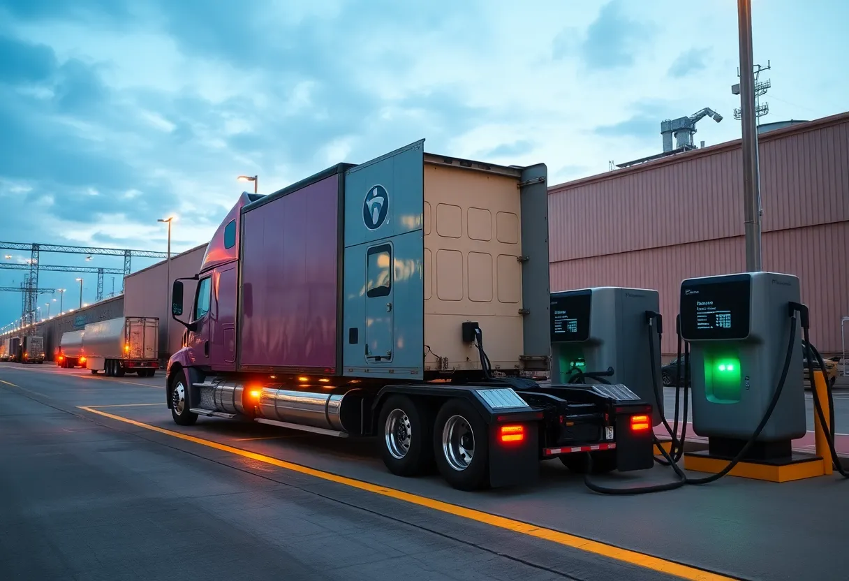 Electric semi truck charging at depot with large battery chargers
