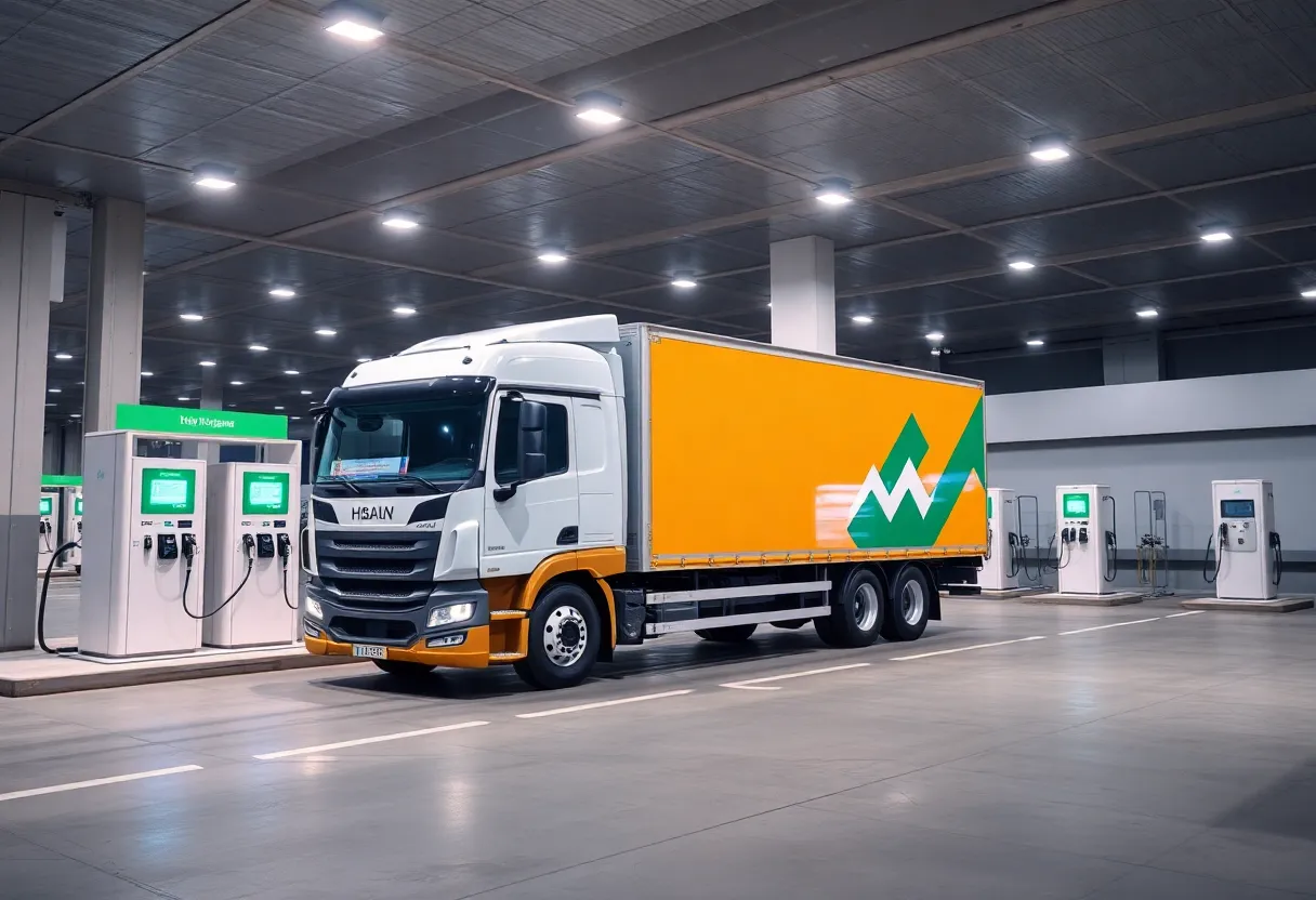 Hydrogen fuel cell truck at refueling station with hydrogen pumps
