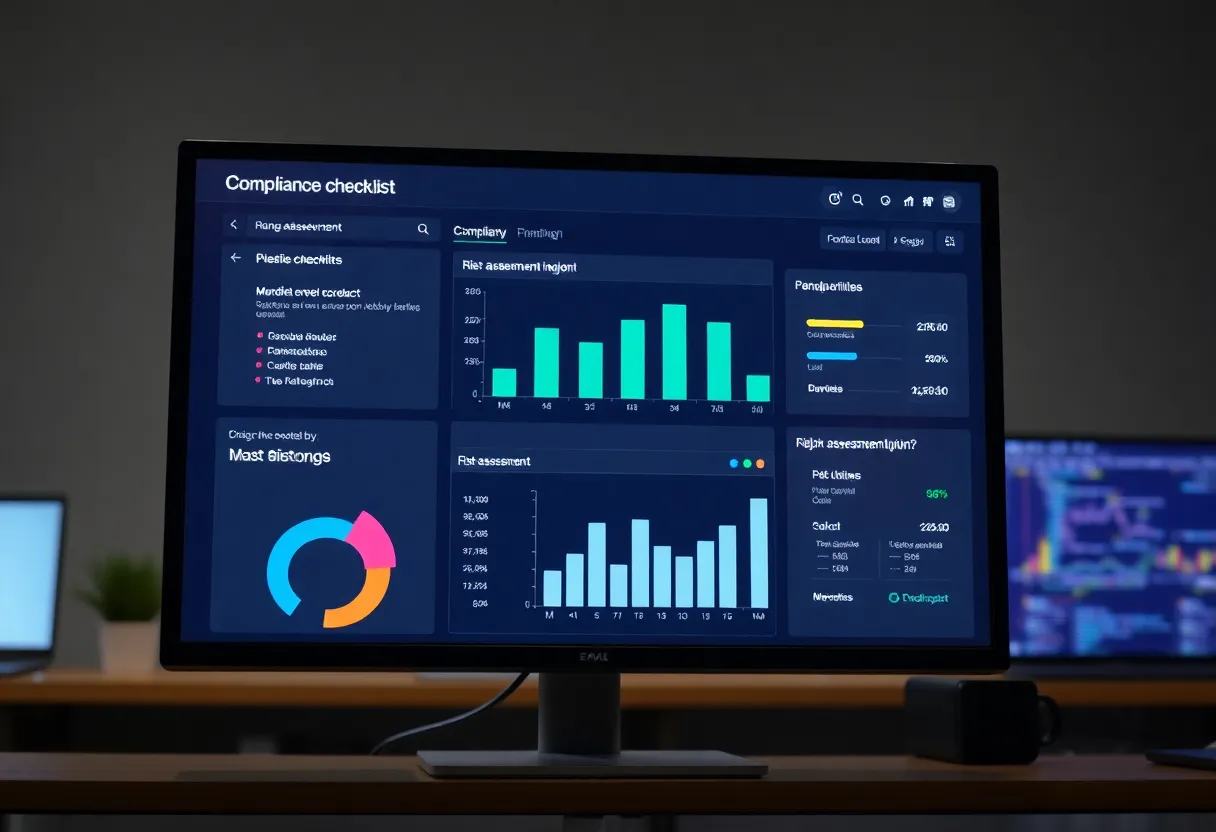 Compliance checklist and risk assessment dashboard on monitor