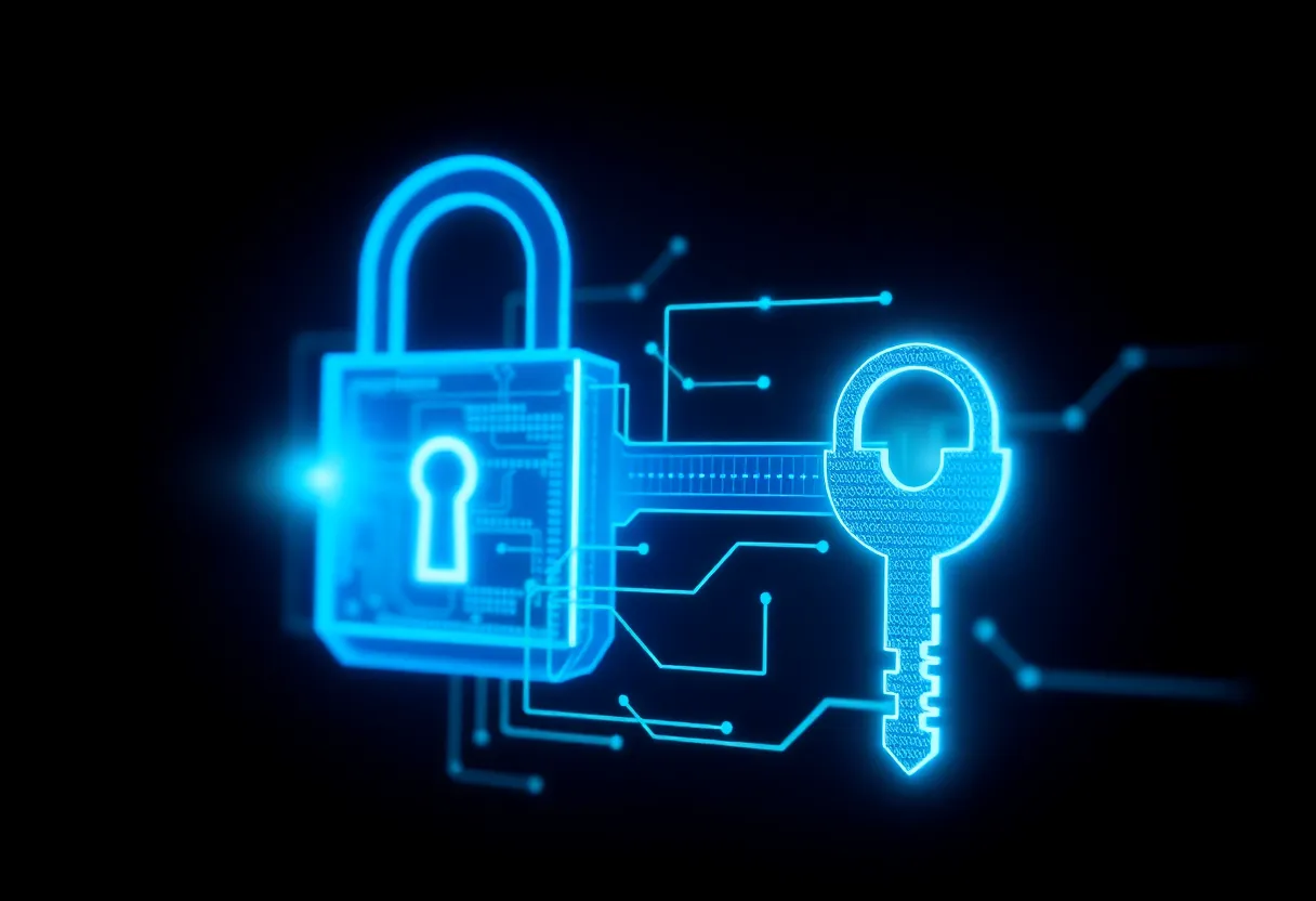 Abstract digital lock and cryptographic key, cybersecurity concept