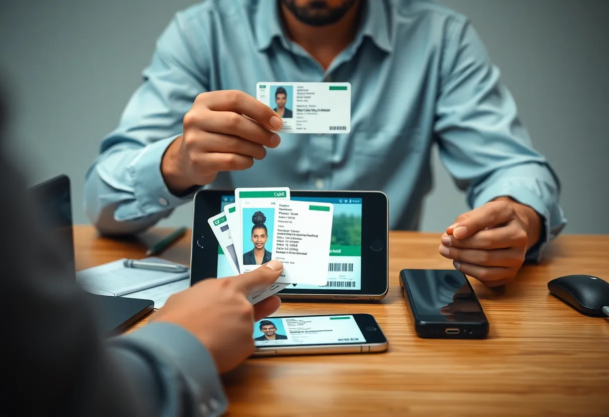 Person with multiple ID cards and devices, identity verification concept