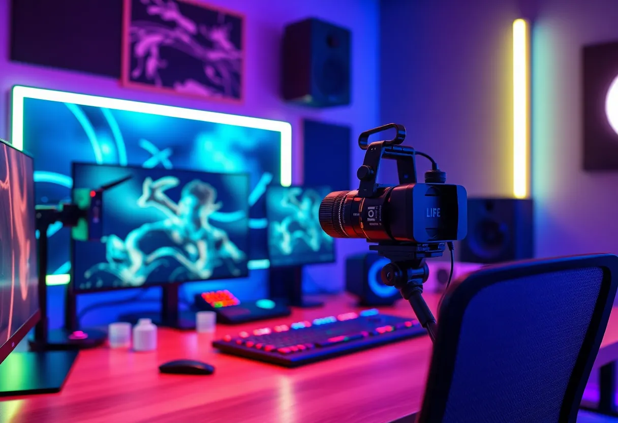 Streaming setup with camera and overlay, content creator desk