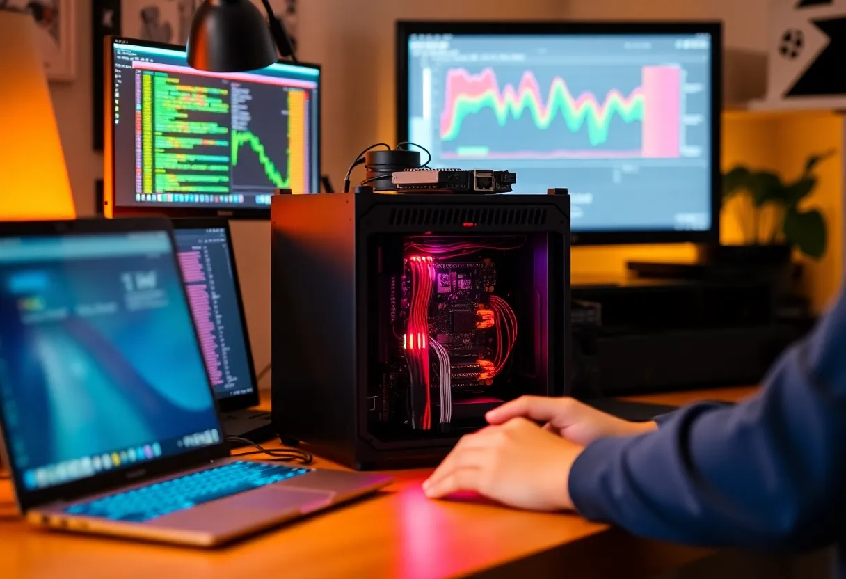 Person tinkering with small form factor PC or Raspberry Pi cluster, homelab setup