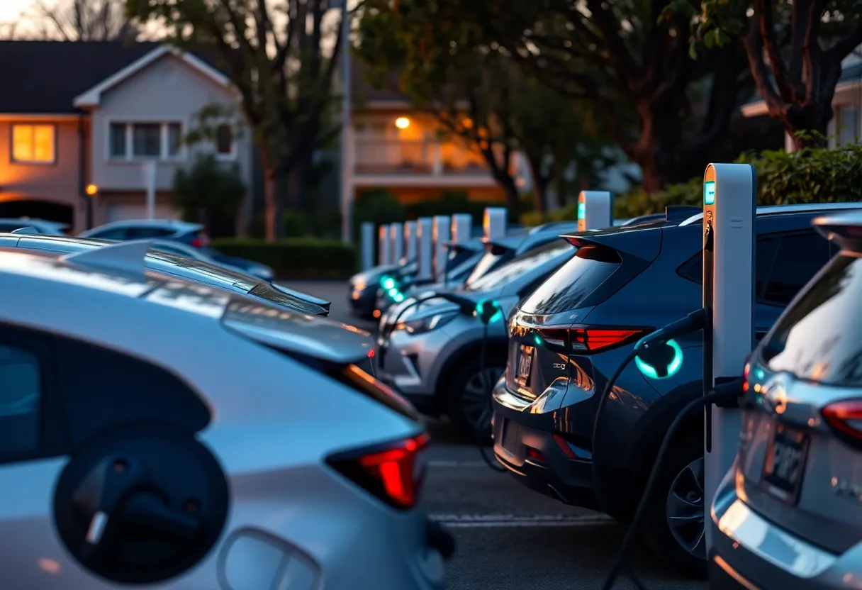 Row of electric vehicles at charging stations, evening