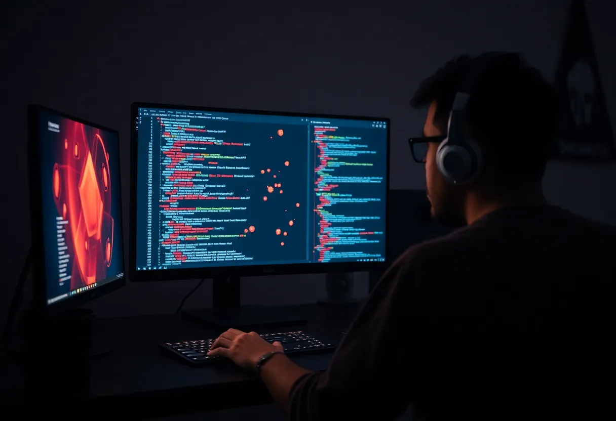 Indie developer debugging game physics in engine viewport with code on second screen