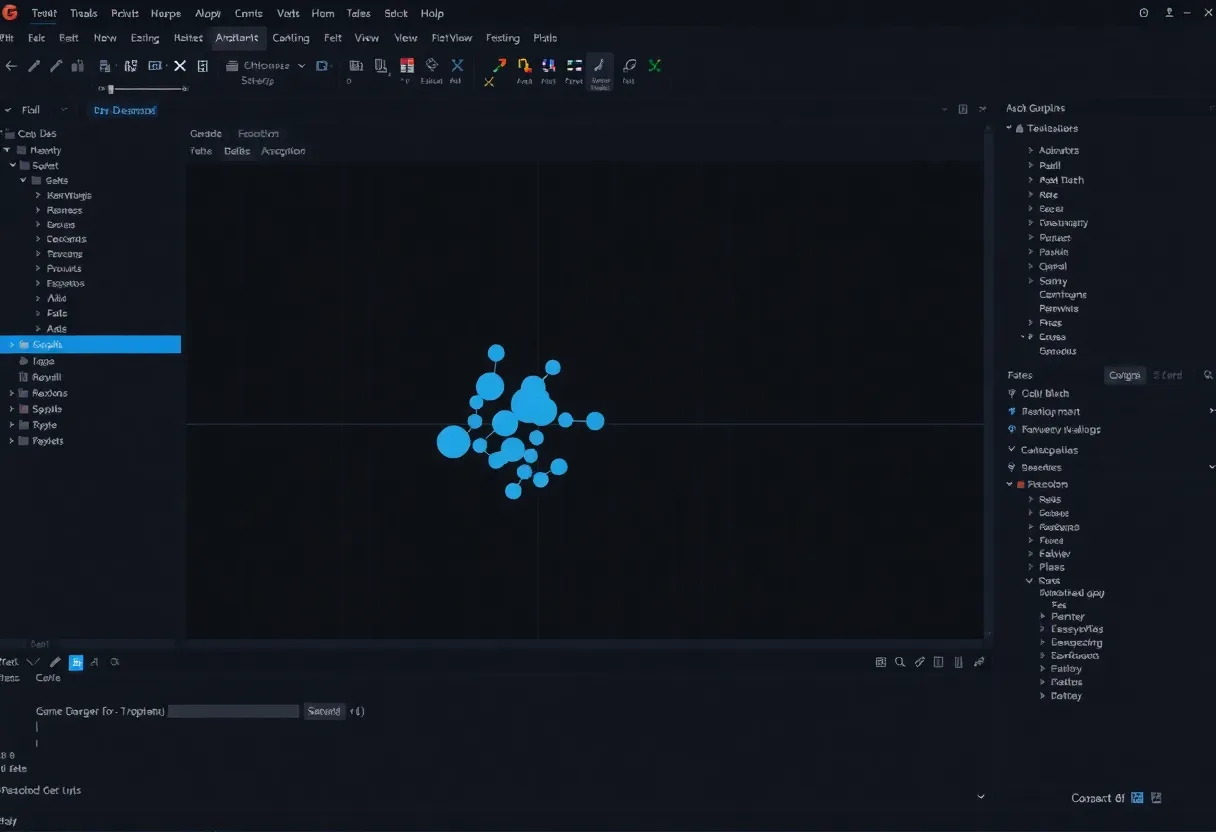 Game engine editor interface with node graph and 3D viewport