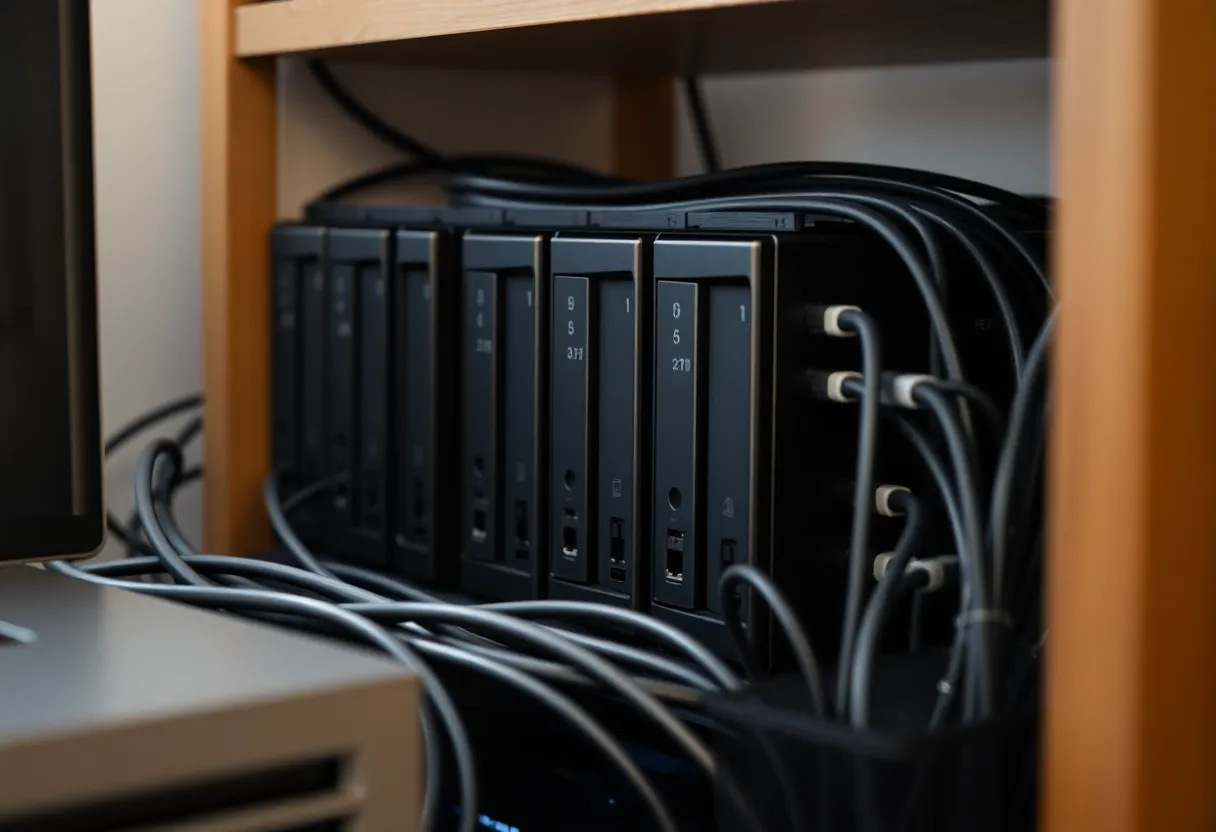 Network storage drives and cables in organized home setup, backup and data ownership