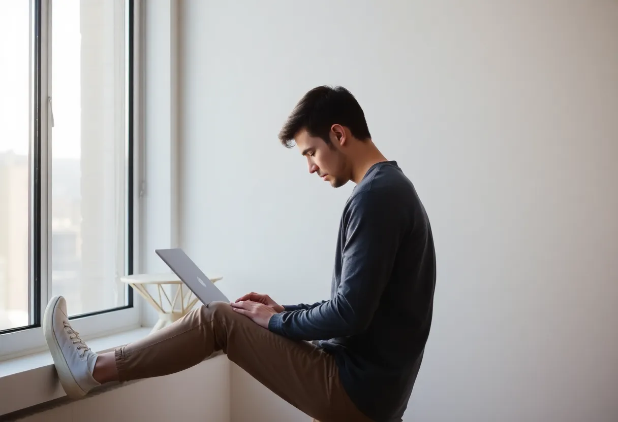 Solo founder taking a break, stepping back from laptop