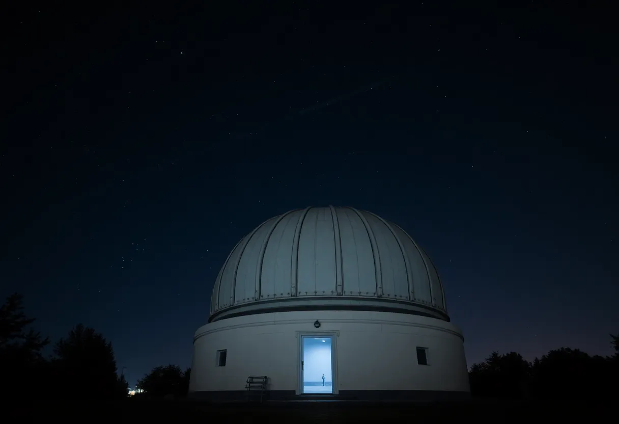 Ground-based observatory at night with atmosphere and light pollution