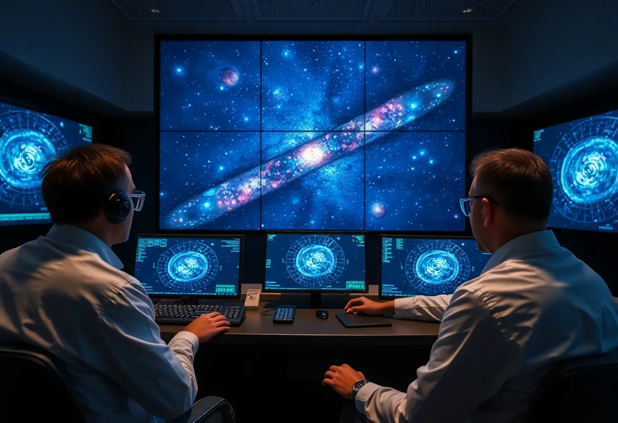 Scientists analyzing deep space imagery in control room