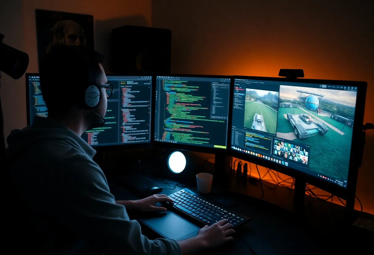 Developer at workstation with game engine editor open on multiple monitors