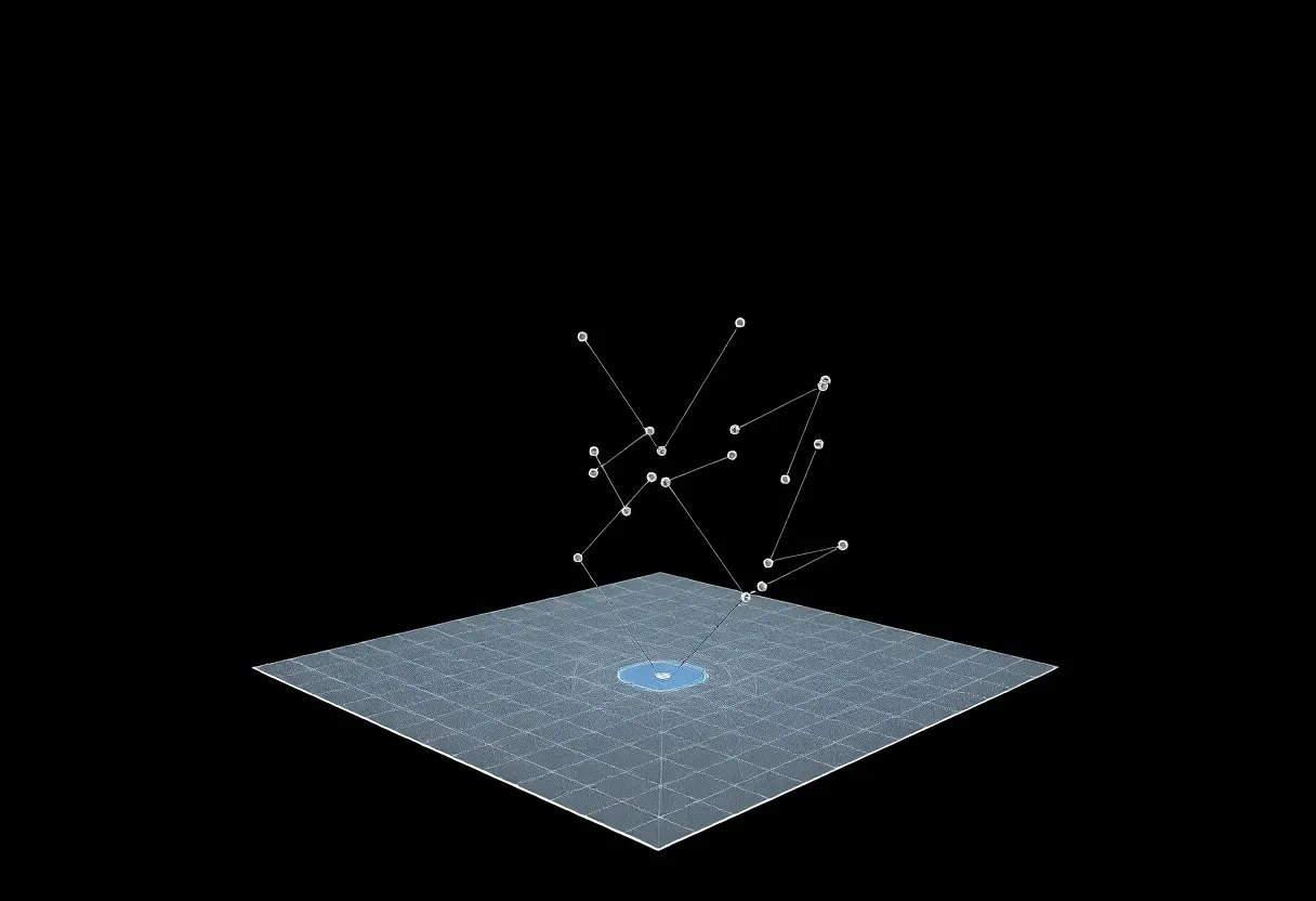 Wireframe 3D mesh and physics simulation nodes, game development technical view