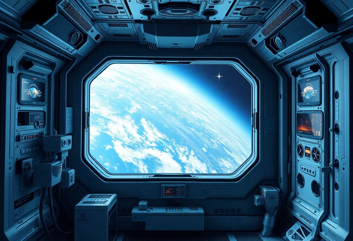 Interior of a commercial space station module with crew area and Earth view