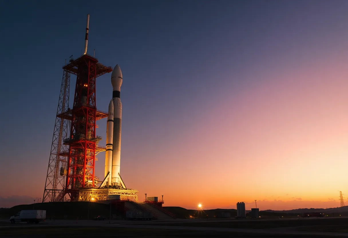 Rocket launch pad with commercial spacecraft at dawn