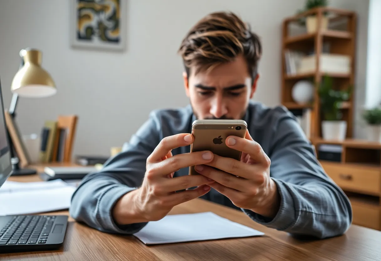 Person with smartphone checking for updates