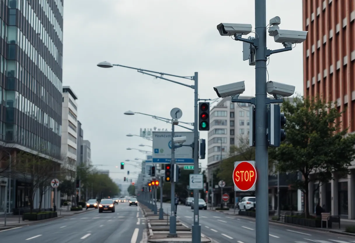 Street with traffic cameras and sensor poles, smart infrastructure