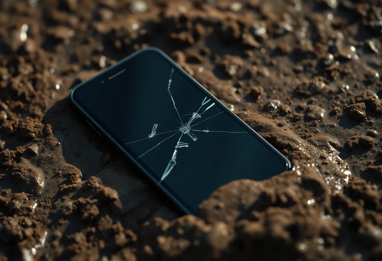 Smartphone damaged after outdoor use, screen cracked in mud