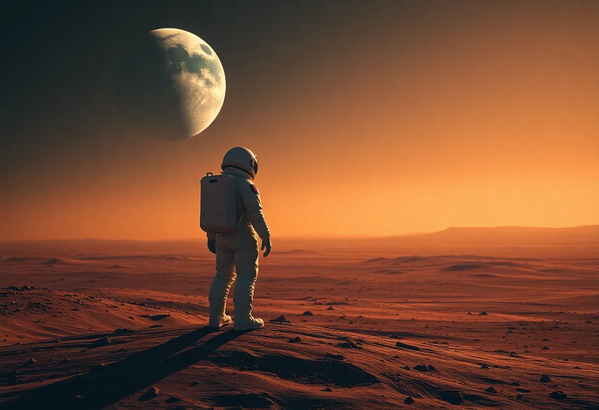 Astronaut on Mars looking at Earth in the sky