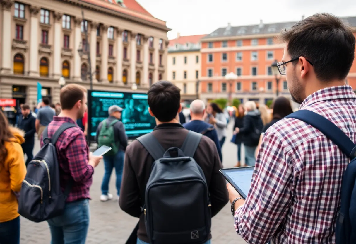 Citizens in public square with subtle tech elements, community and data balance