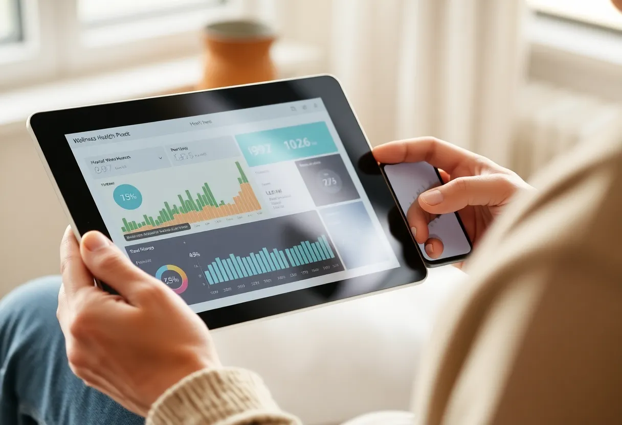Person reviewing health and wellness data on tablet and phone