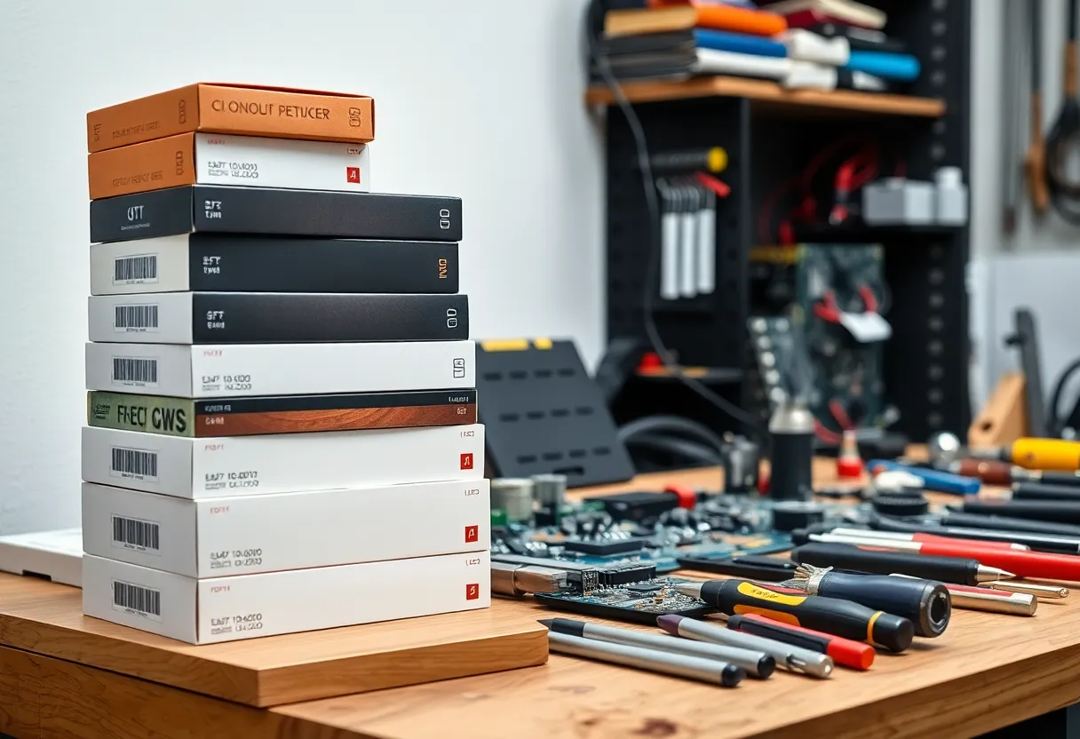 Hand-built electronics and tools versus consumer gadget boxes on a workbench