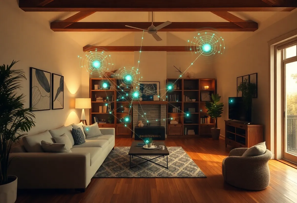 Mesh Wi-Fi nodes in a large house with coverage visualization