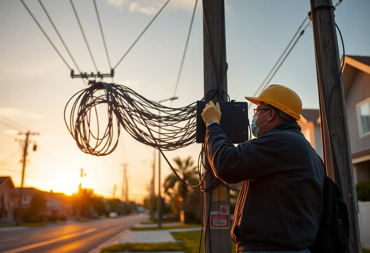 ISP technician at utility pole with cables