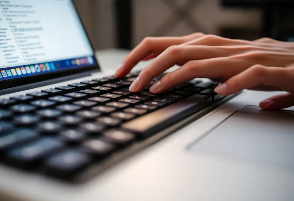 Hands typing on mechanical keyboard, focused workspace
