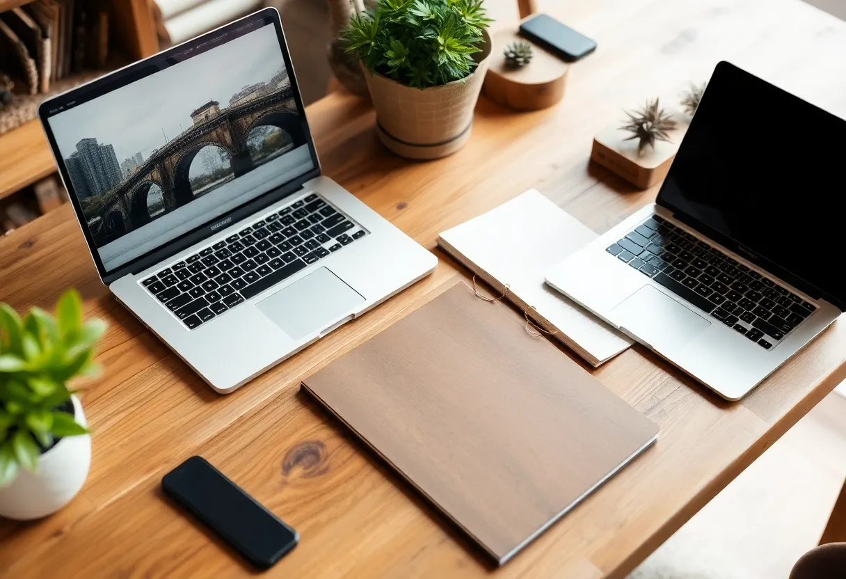 Hand-crafted desk with laptop and notebook