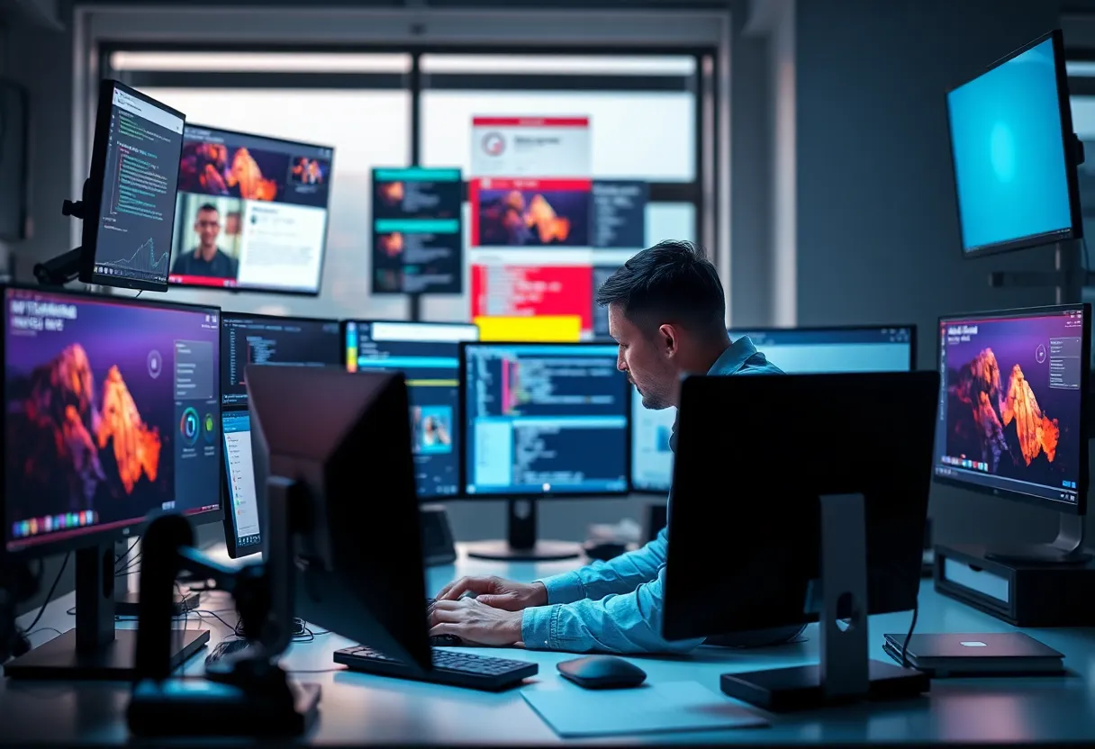 Person at desk with multiple screens and notifications, cognitive load