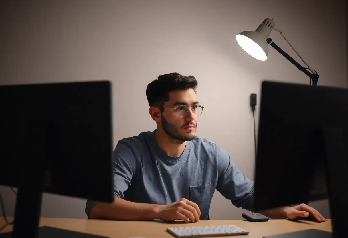 Person distracted between two monitors