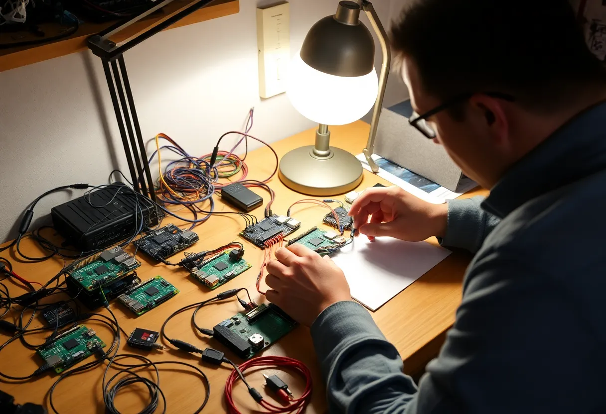 Person troubleshooting Pi cluster wiring