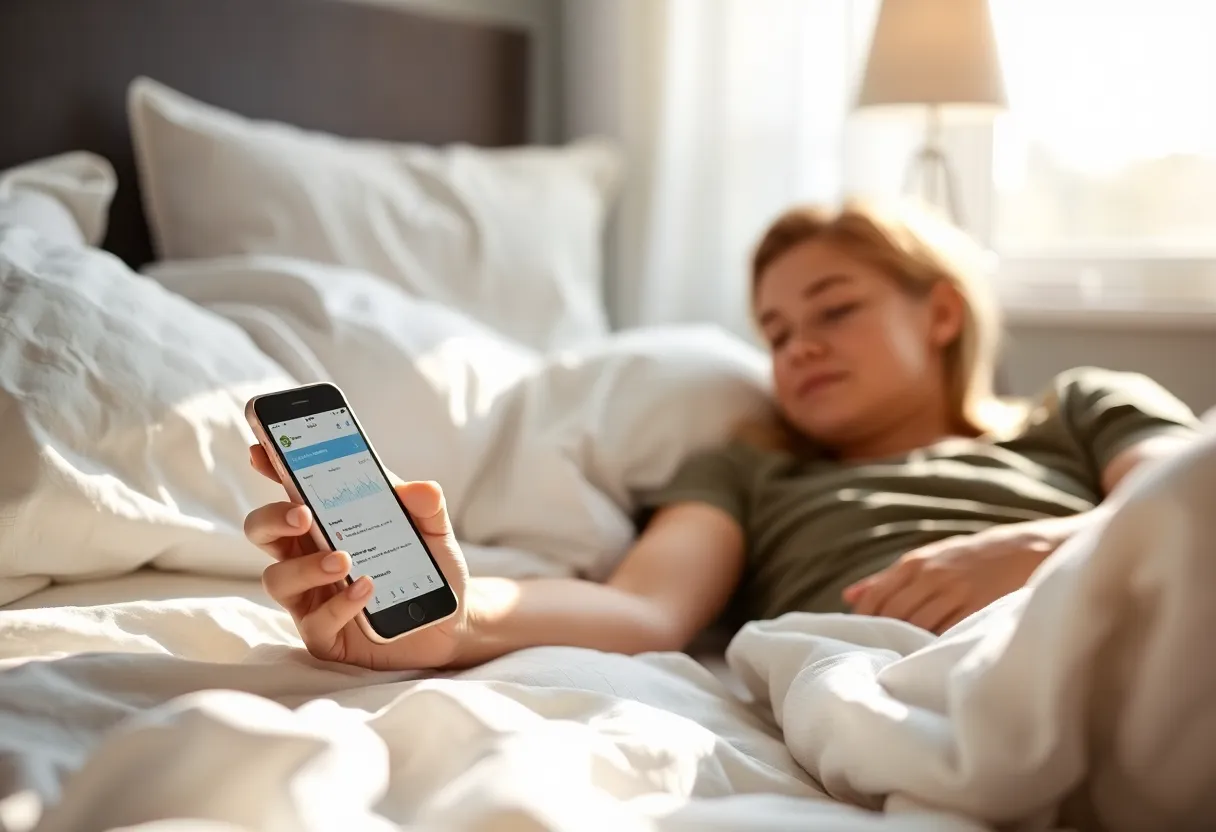 Morning routine with person checking sleep data on phone, well-rested