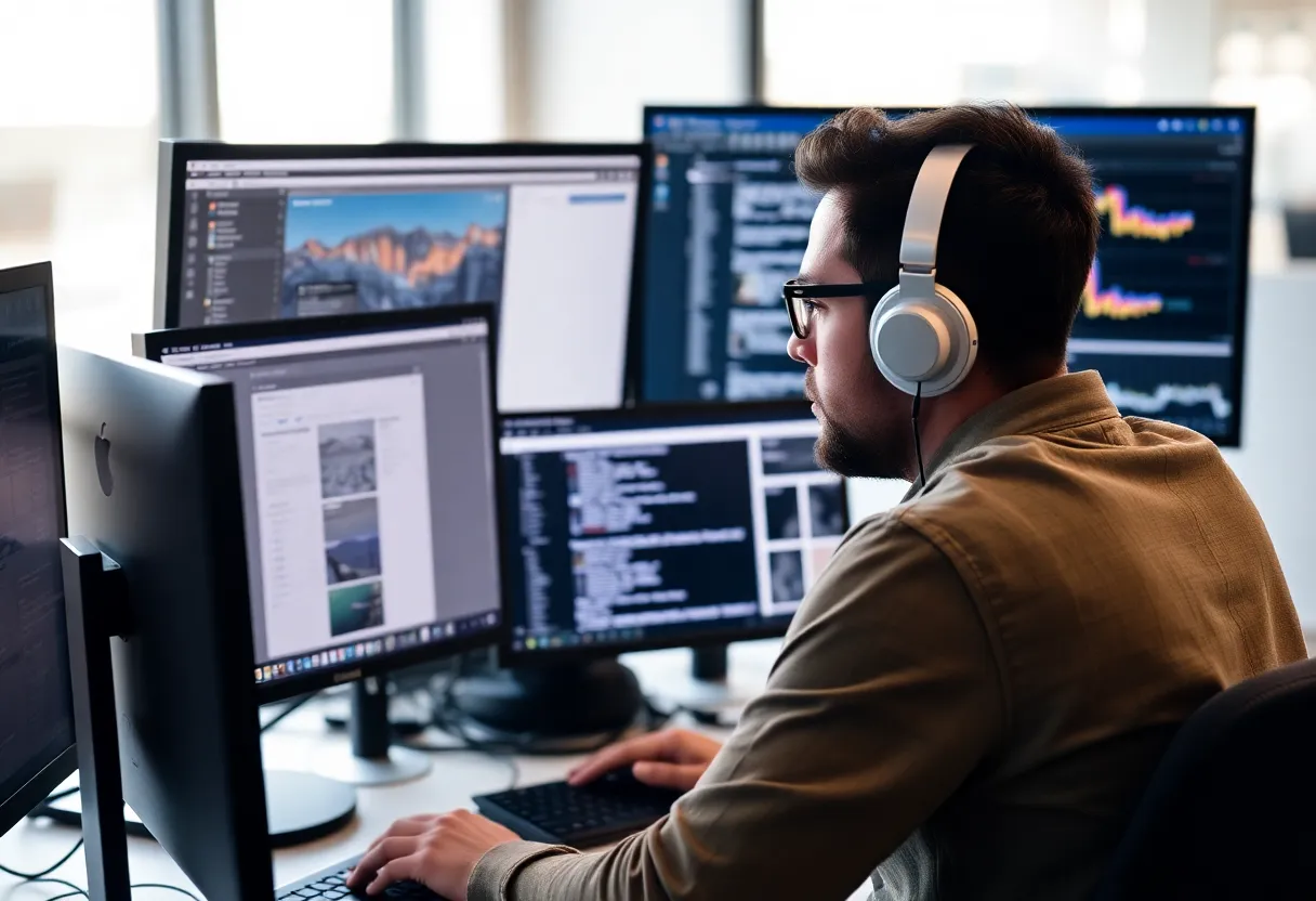 Person working with multiple screens and tabs