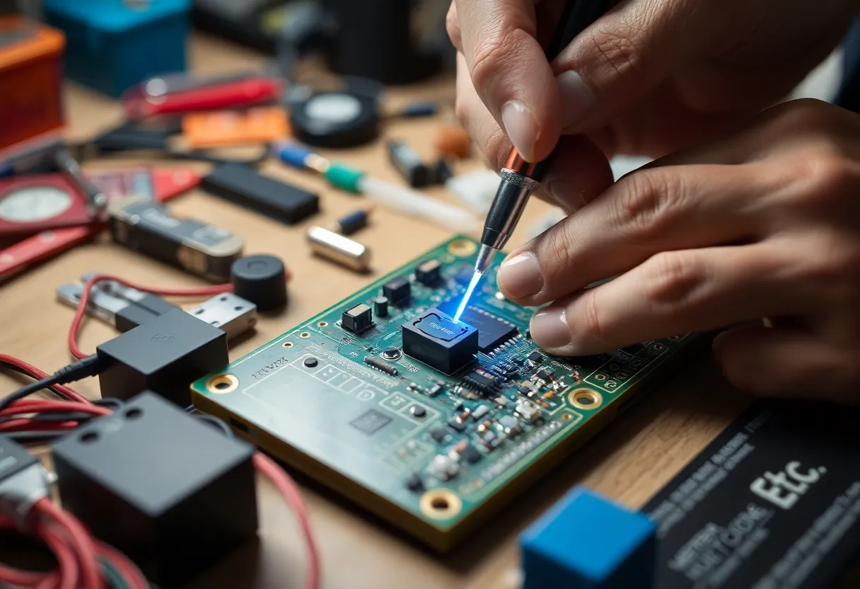 Hands soldering components on a circuit board in a maker workspace