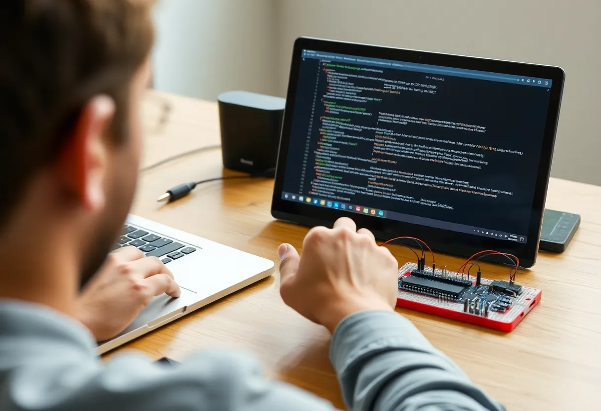 Person debugging code on laptop next to Arduino and breadboard