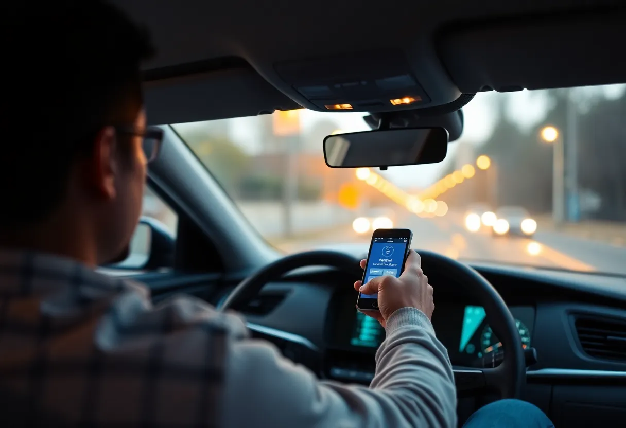Driver checking vehicle software update on smartphone in car interior